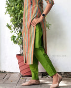 Orange Green Stripe Multicolour Cotton Kurta