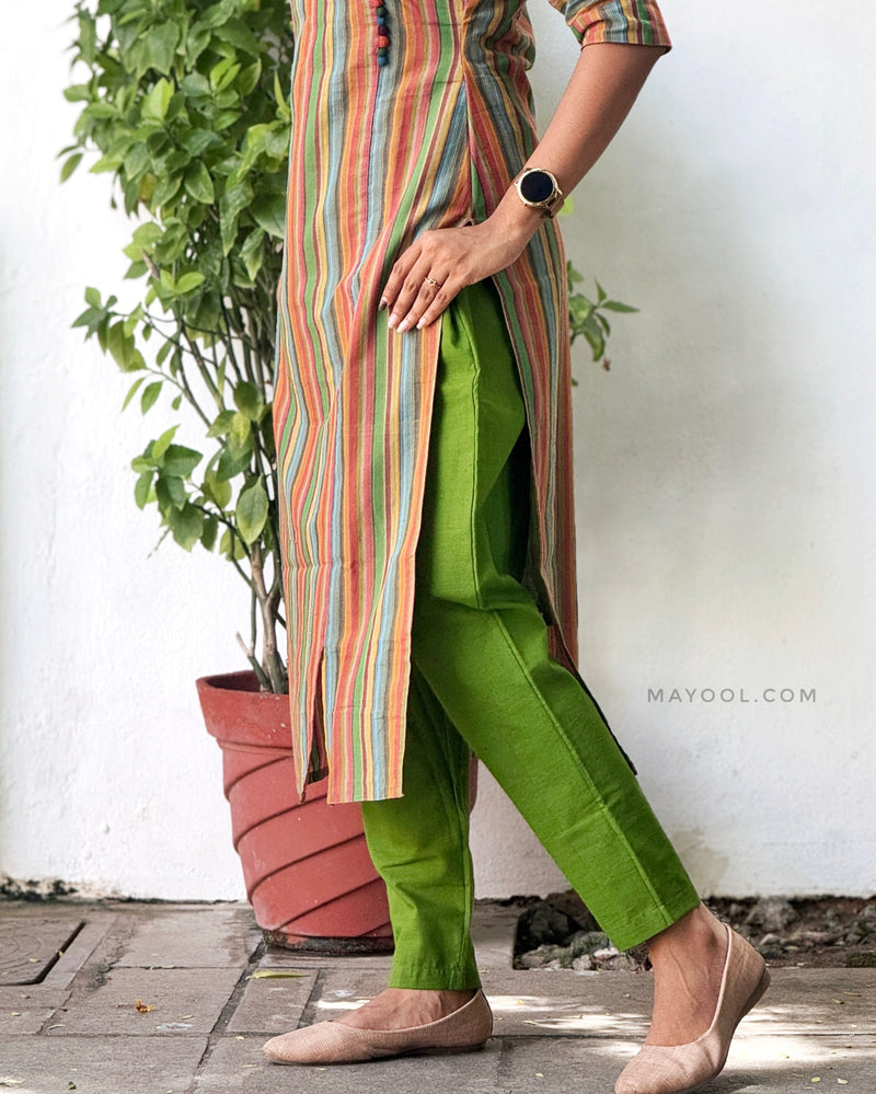 Orange Green Stripe Multicolour Cotton Kurta
