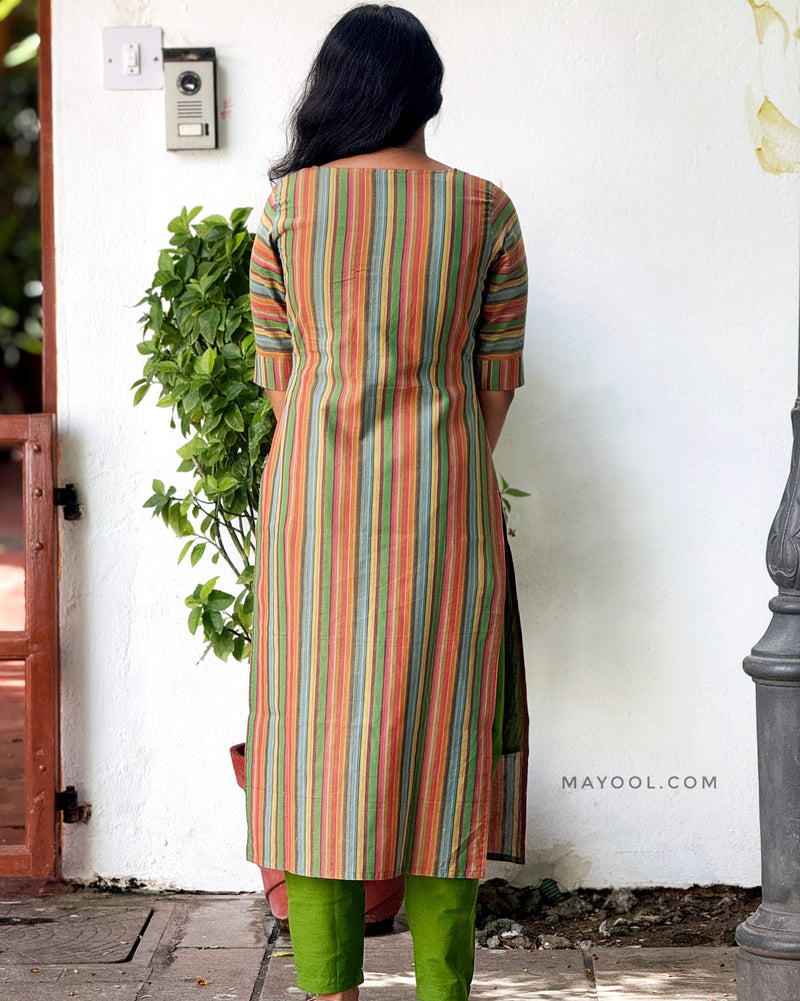 Orange Green Stripe Multicolour Cotton Kurta
