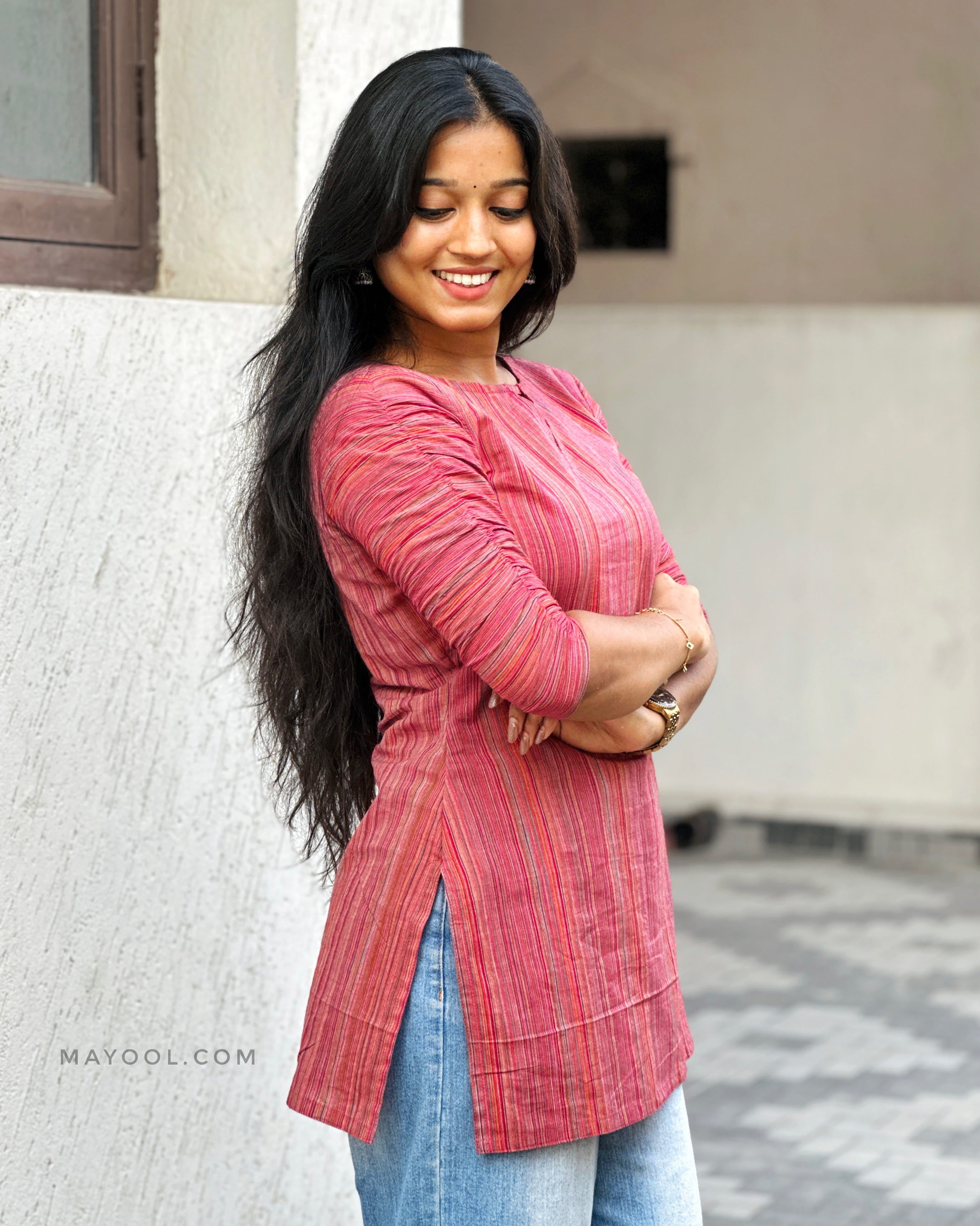 Orange Stripe Cotton Short Kurta