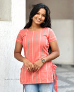 Peach Stripe Jacquard Cotton Short Kurta