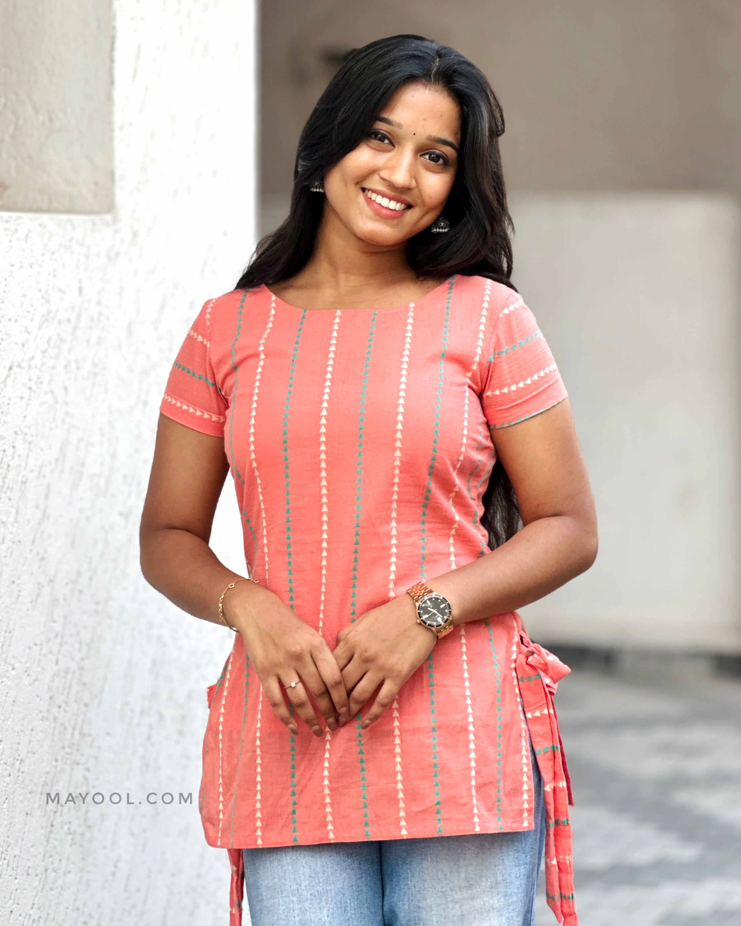 Peach Stripe Jacquard Cotton Short Kurta