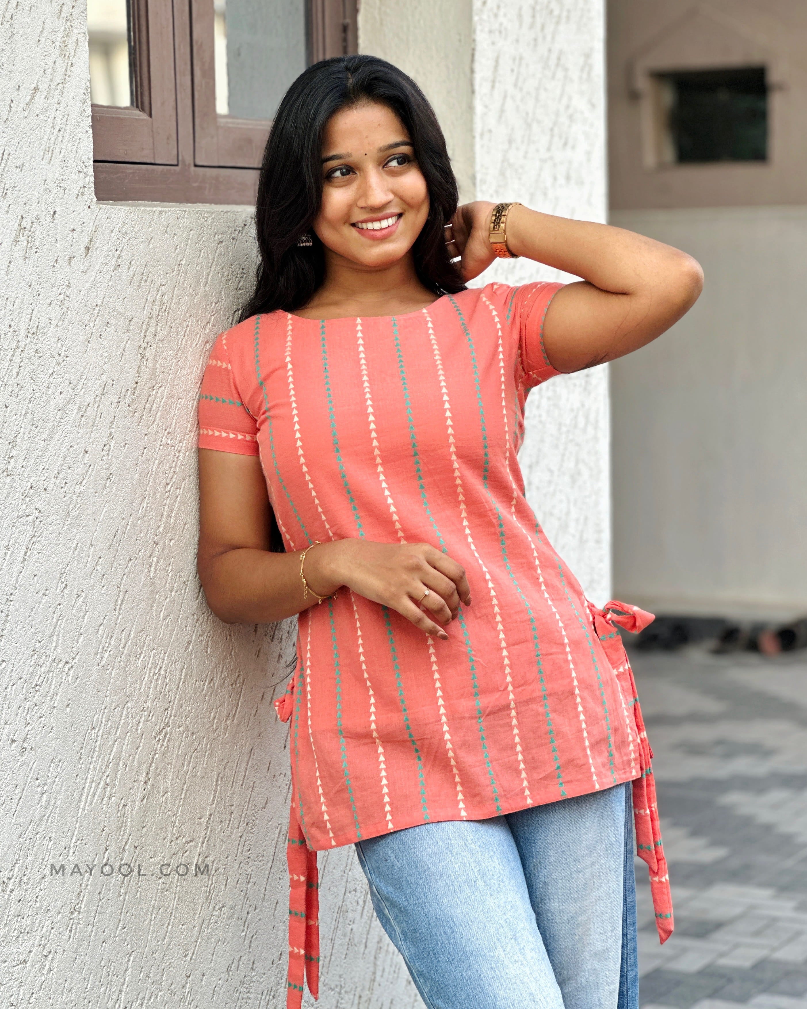 Peach Stripe Jacquard Cotton Short Kurta