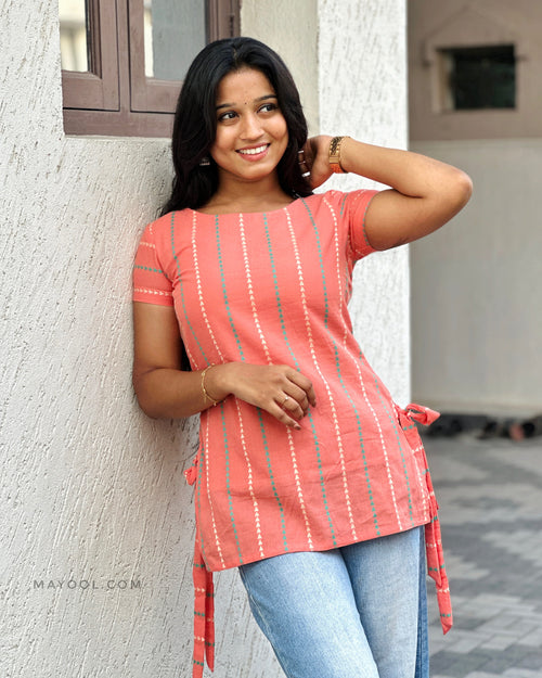 Peach Stripe Jacquard Cotton Short Kurta