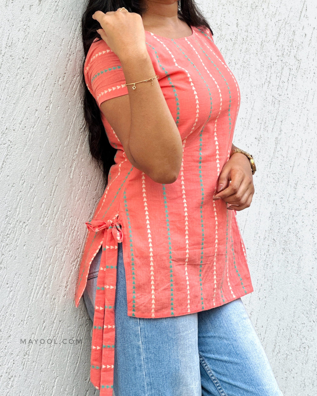Peach Stripe Jacquard Cotton Short Kurta