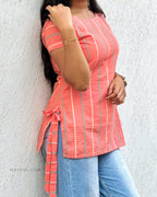 Peach Stripe Jacquard Cotton Short Kurta