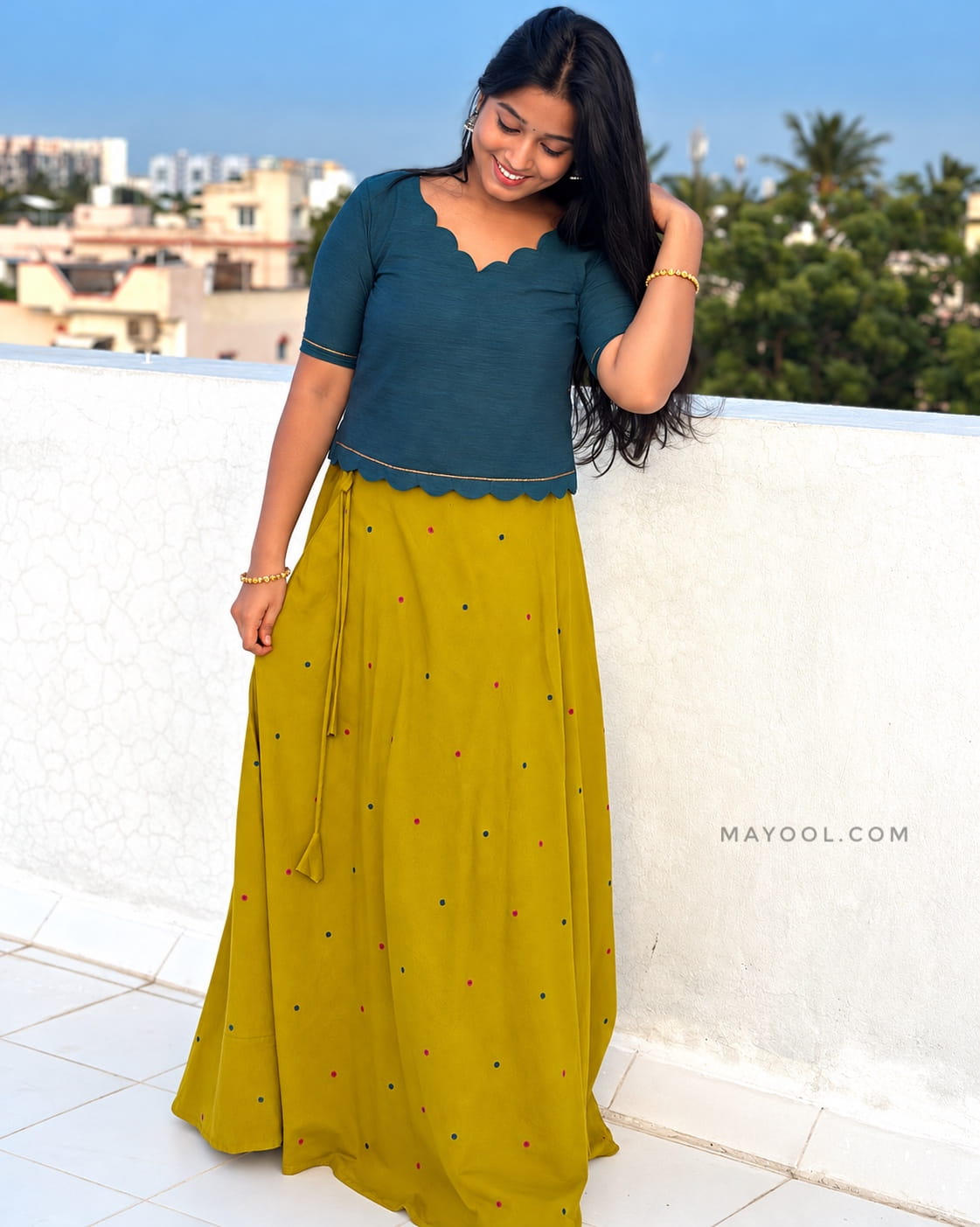 Peacock Blue Cotton Short Top & Skirt