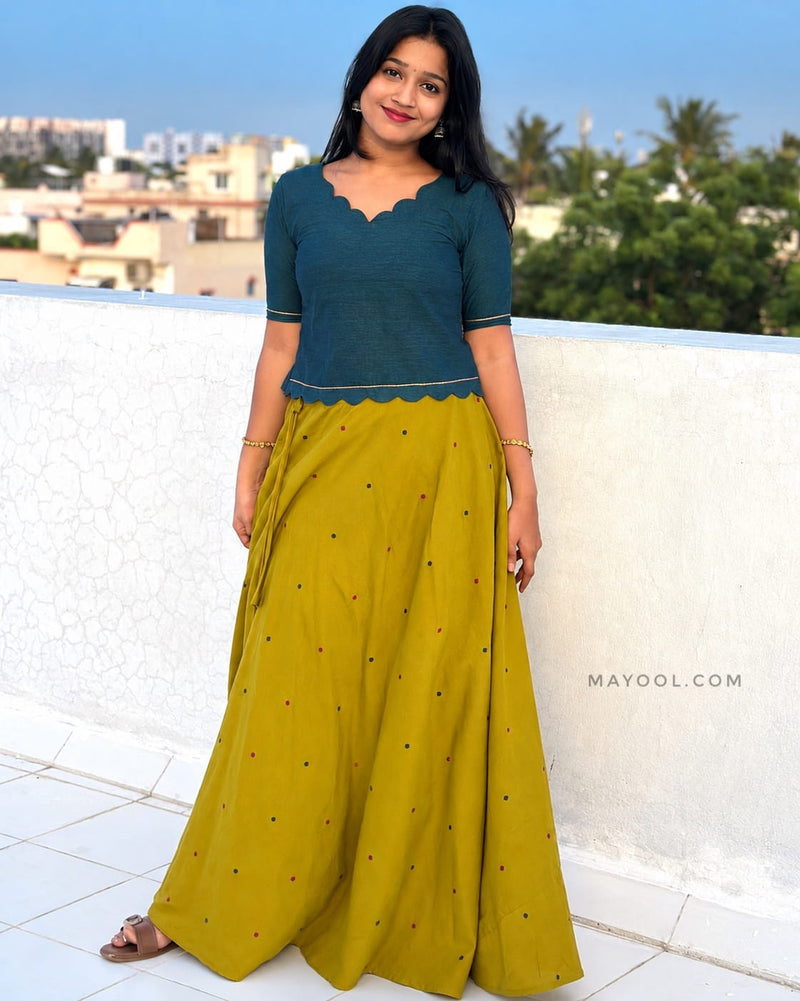 Peacock Blue Cotton Short Top & Skirt