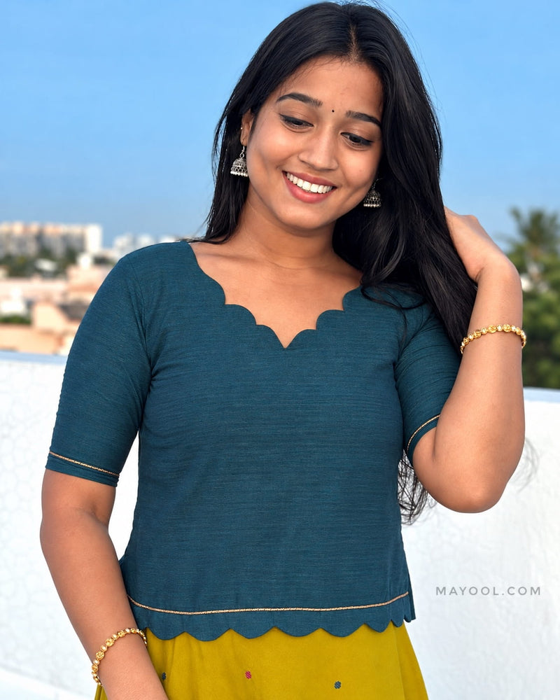 Peacock Blue Cotton Short Top & Skirt