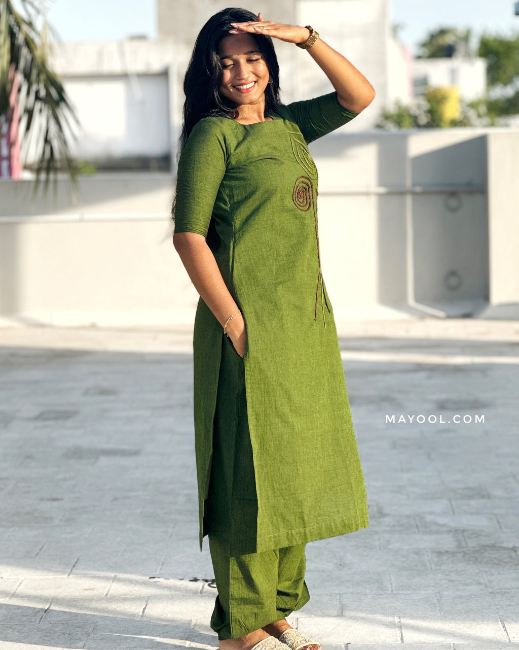 Pine Green Thread Tale Cotton Kurta