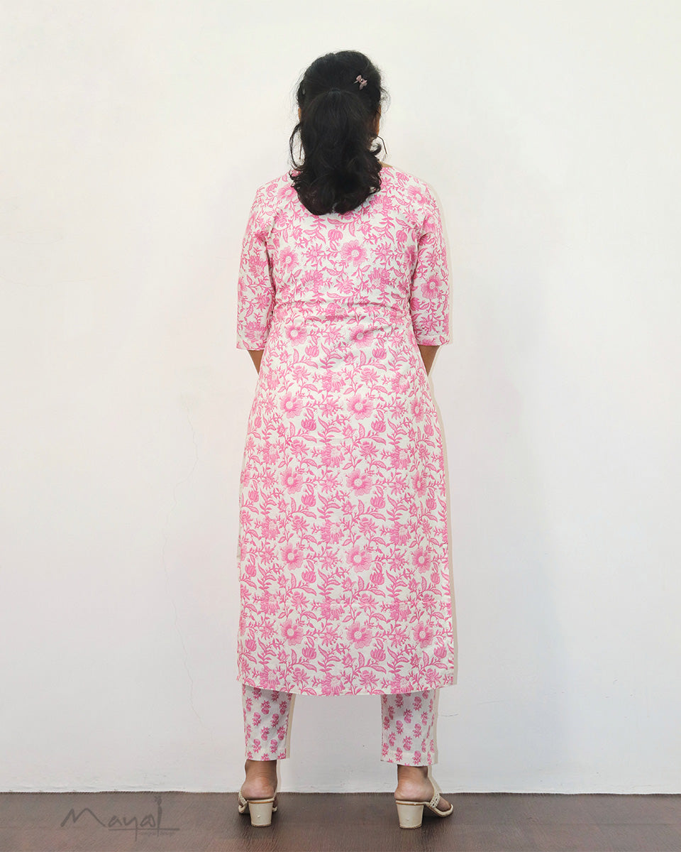 Pink Rose Printed Cotton Kurta
