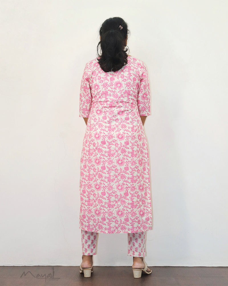 Pink Rose Printed Cotton Kurta