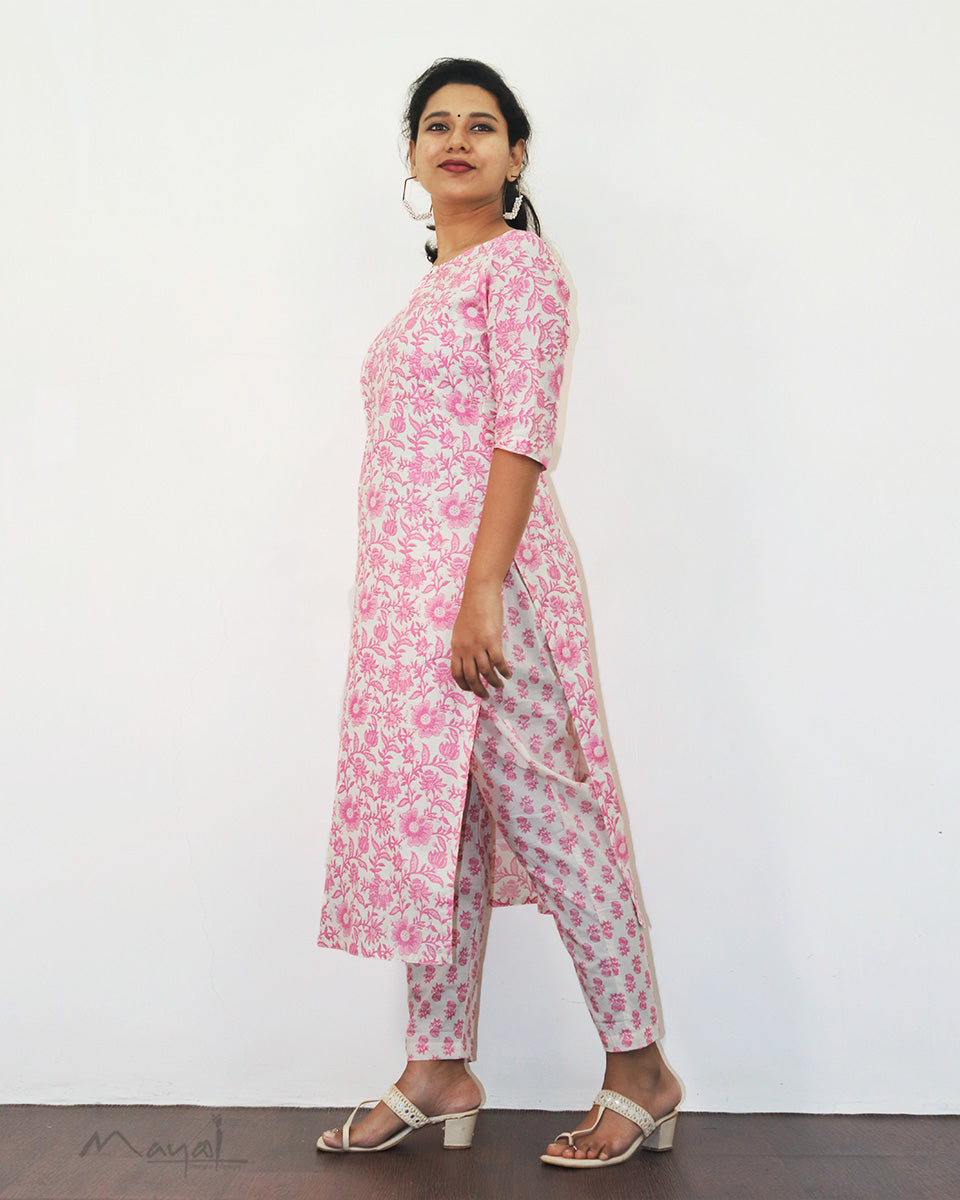 Pink Rose Printed Cotton Kurta