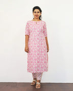 Pink Rose Printed Cotton Kurta