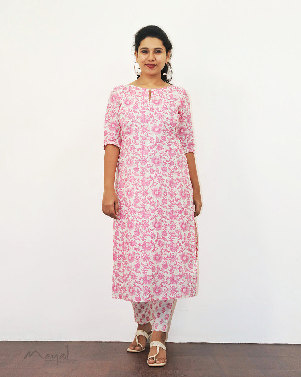 Pink Rose Printed Cotton Kurta