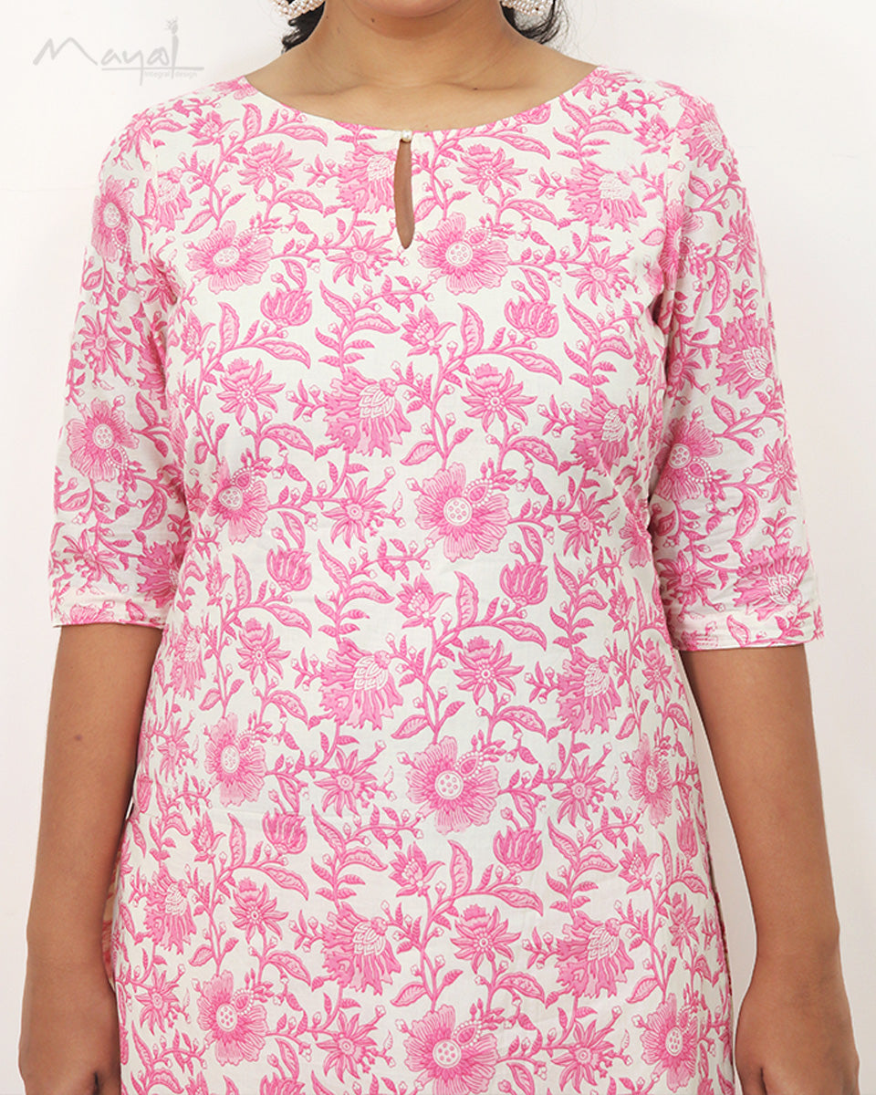 Pink Rose Printed Cotton Kurta