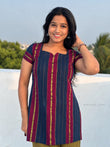 Pink Blue Jari Stripe Cotton Short Kurta