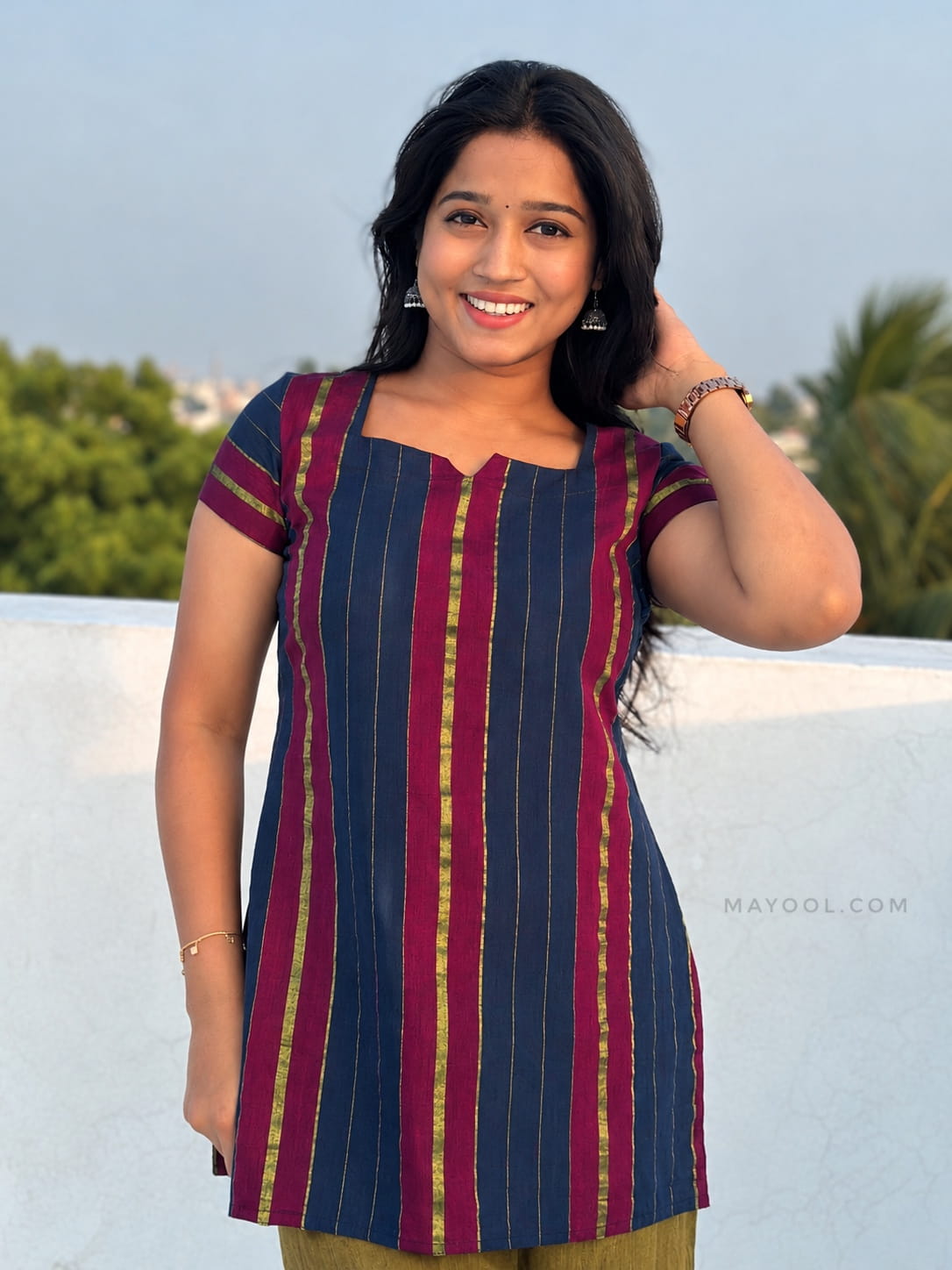 Pink Blue Jari Stripe Cotton Short Kurta