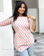 Pink Rose Handblock Print Cotton Short Kurta