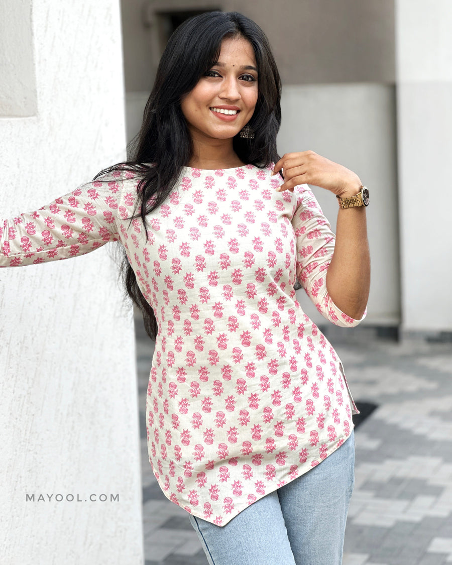 Pink Rose Handblock Print Cotton Short Kurta