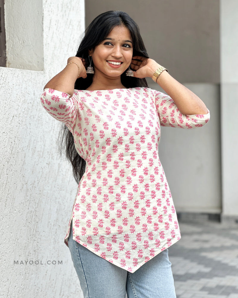 Pink Rose Handblock Print Cotton Short Kurta