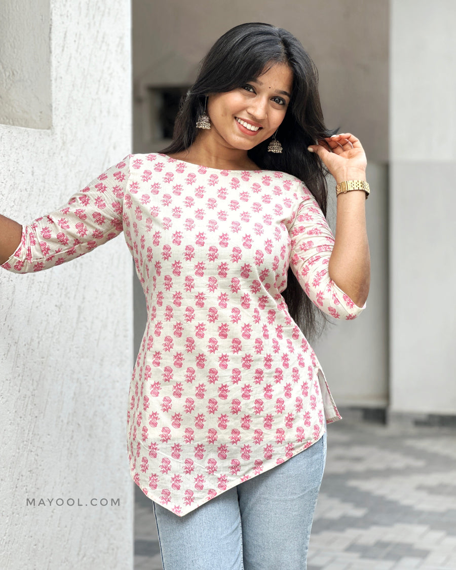 Pink Rose Handblock Print Cotton Short Kurta