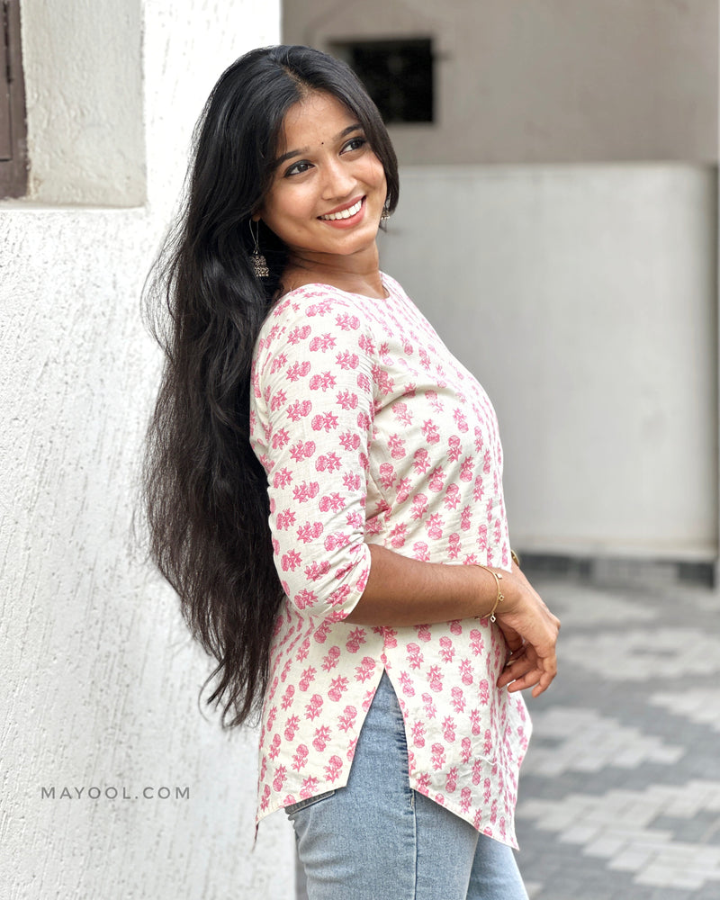 Pink Rose Handblock Print Cotton Short Kurta