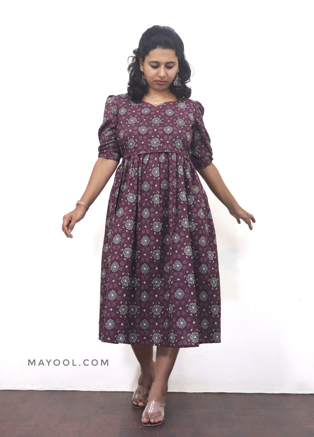 Plum Purple Printed Maternity Cotton Dresses