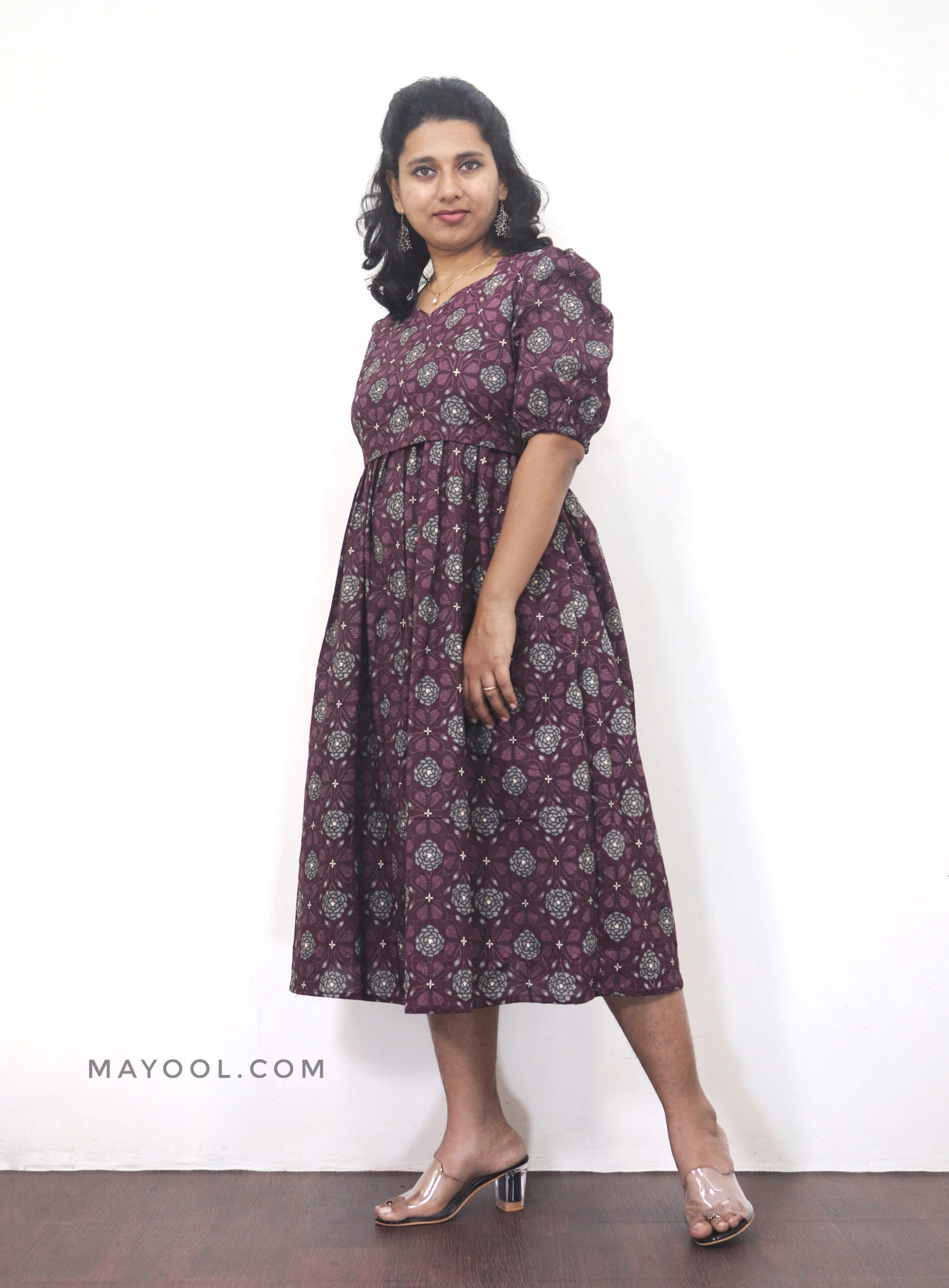 Plum Purple Printed Maternity Cotton Dresses
