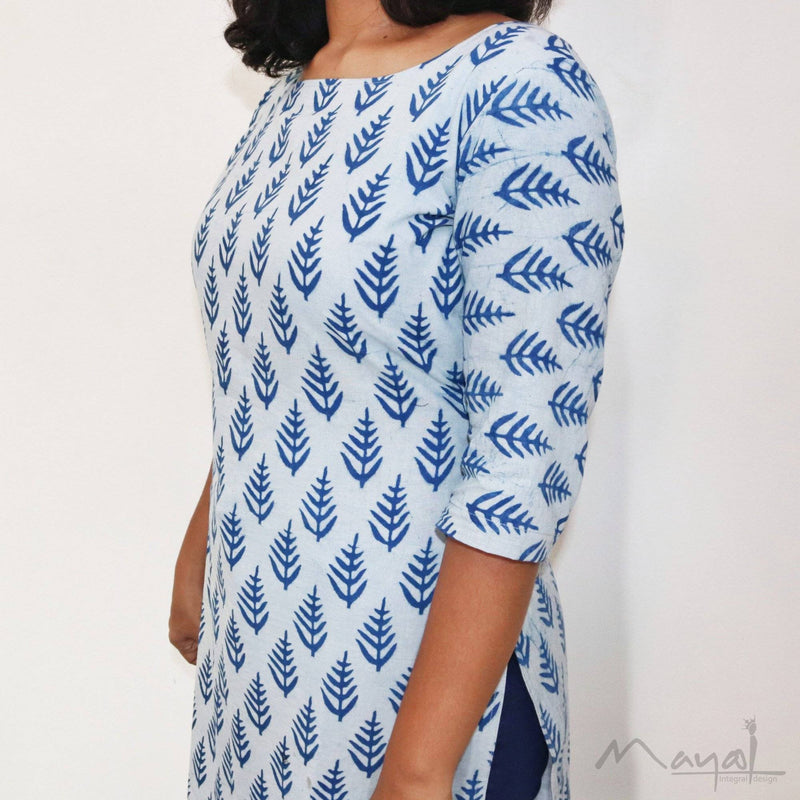 Indigo White Handblock Print Mul Cotton Kurta