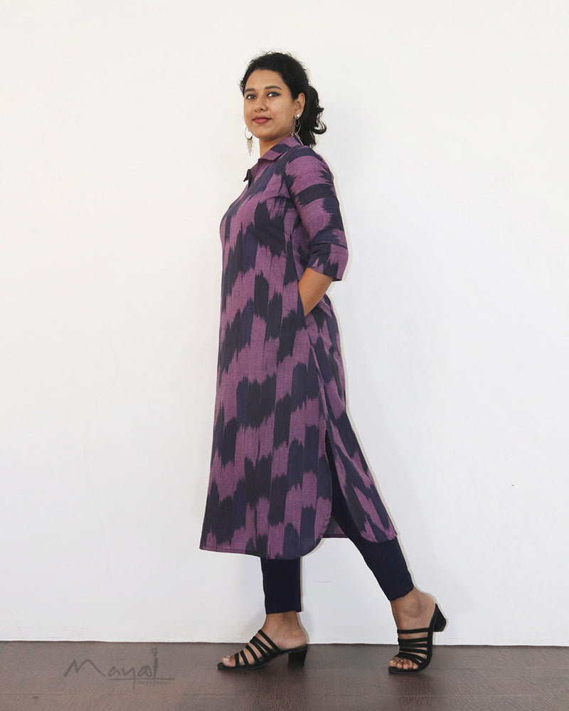 Purple Patterned A-line Cotton Kurta
