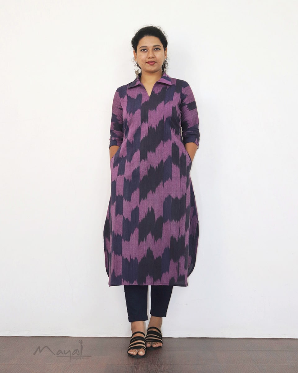 Purple Patterned A-line Cotton Kurta