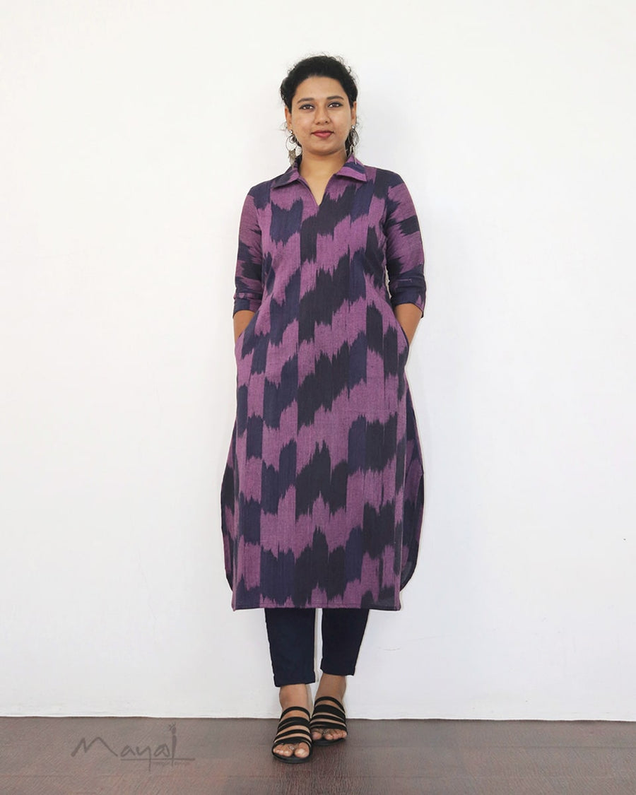 Purple Patterned A-line Cotton Kurta