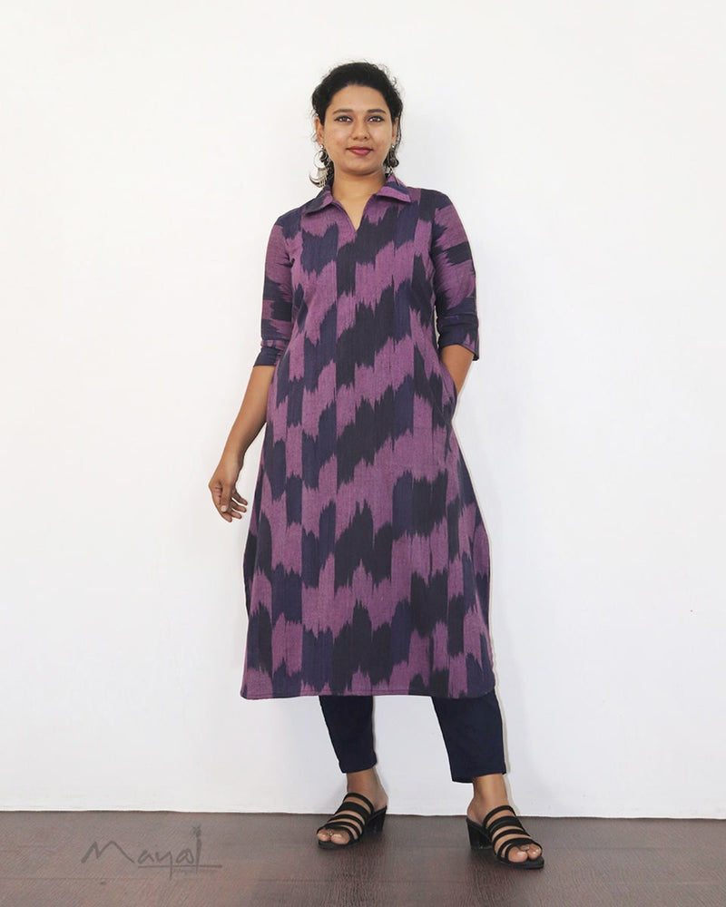 Purple Patterned A-line Cotton Kurta