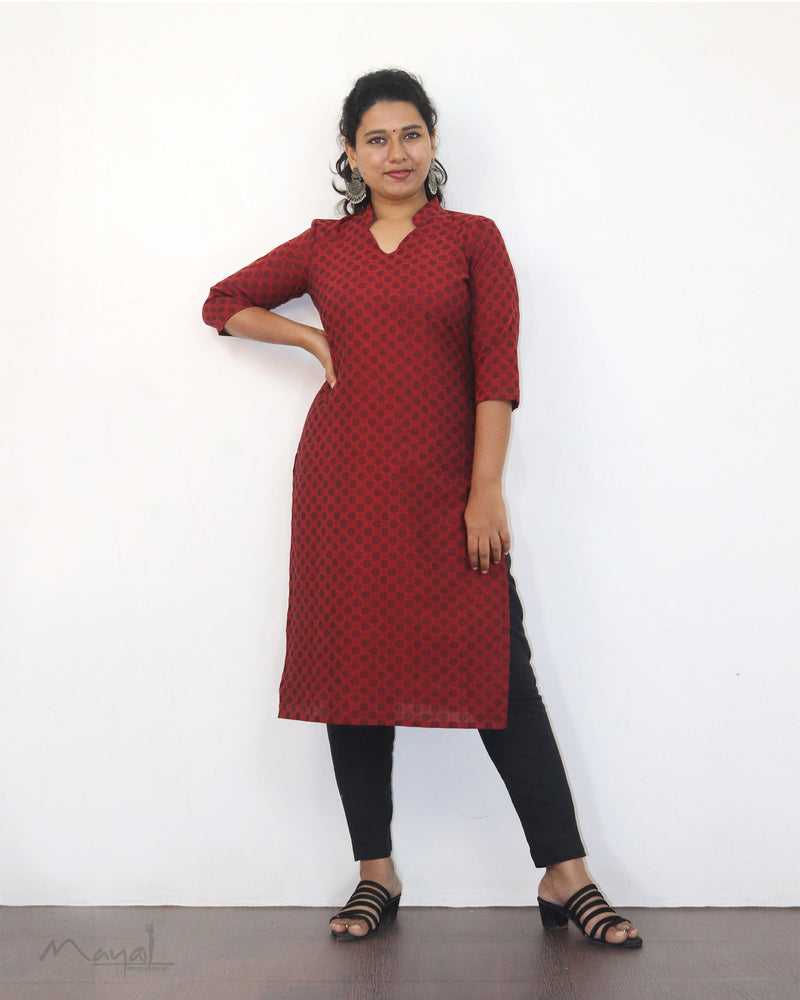 Cherry Red Self Design Jacquard Cotton Kurta