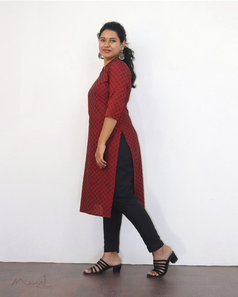 Cherry Red Self Design Jacquard Cotton Kurta