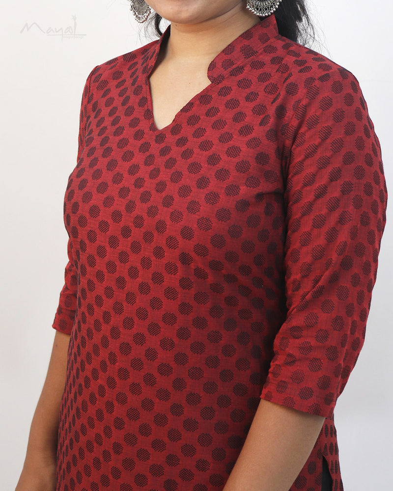 Cherry Red Self Design Jacquard Cotton Kurta