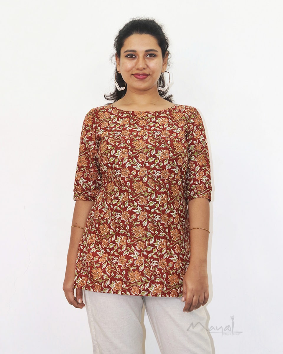 Brick Red Printed Cotton Short Kurta