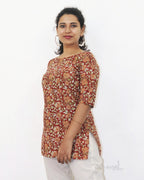 Brick Red Printed Cotton Short Kurta