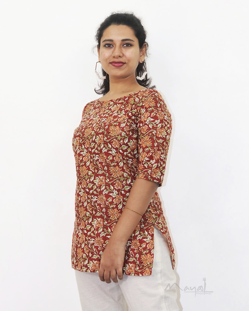 Brick Red Printed Cotton Short Kurta