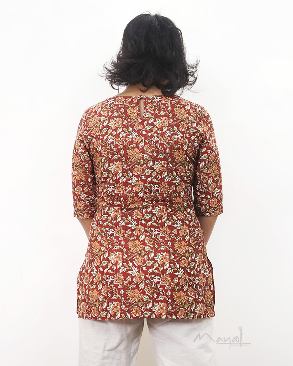 Brick Red Printed Cotton Short Kurta