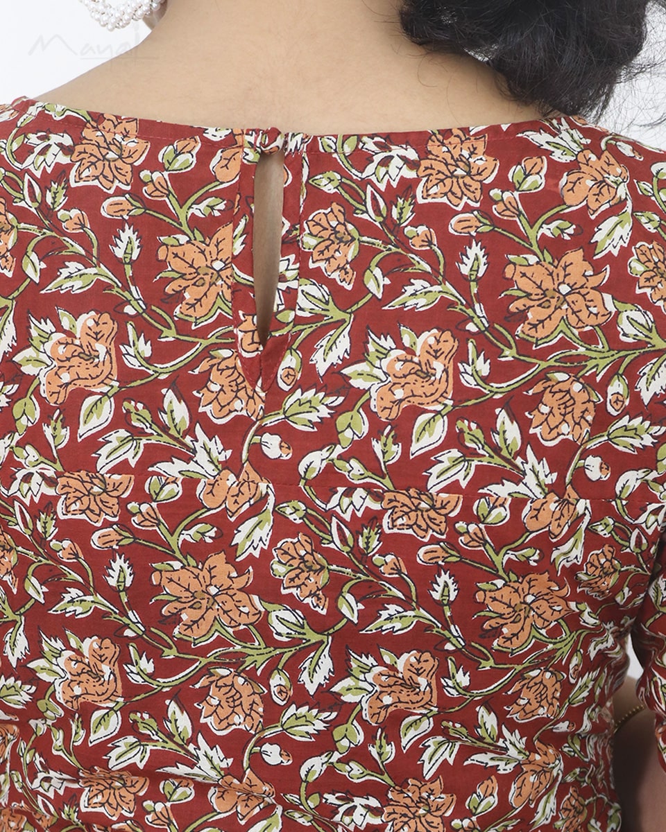 Brick Red Printed Cotton Short Kurta