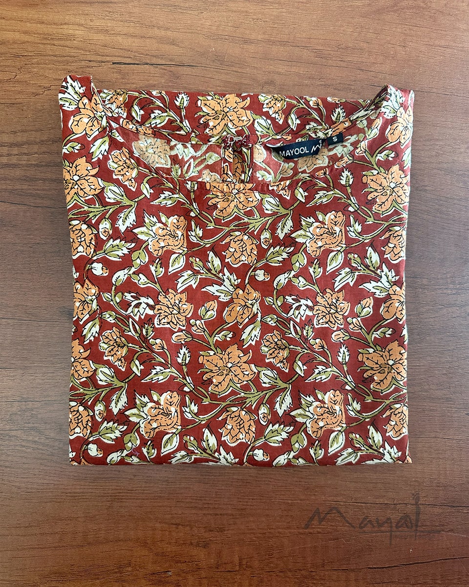 Brick Red Printed Cotton Short Kurta
