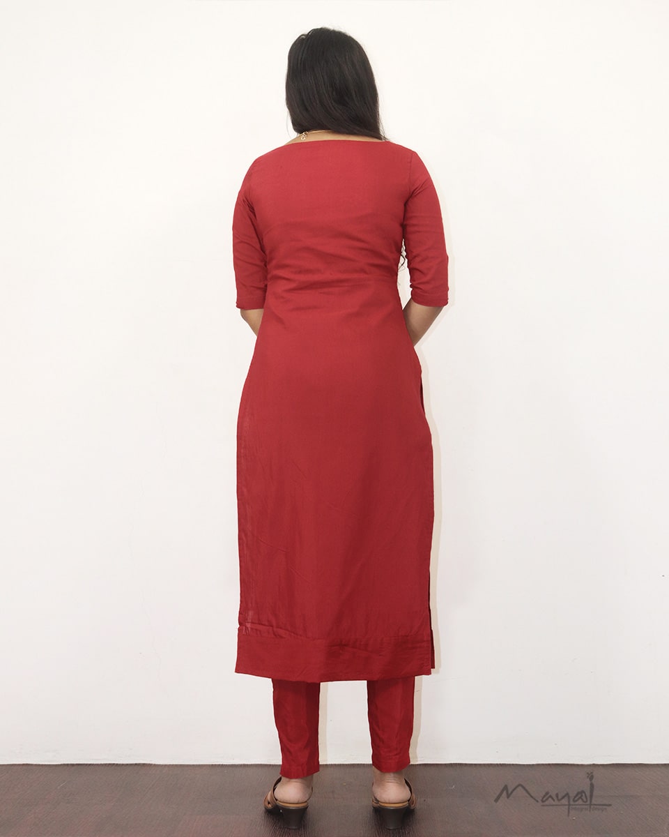 Red Solid Silk Cotton Kurta