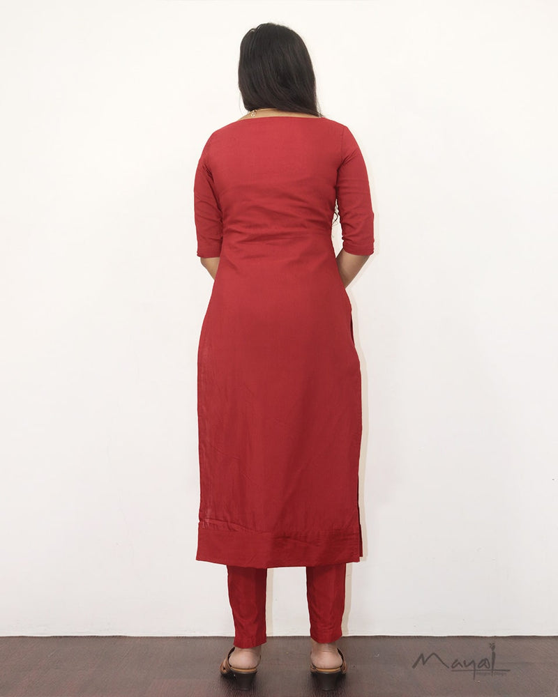 Red Solid Silk Cotton Kurta