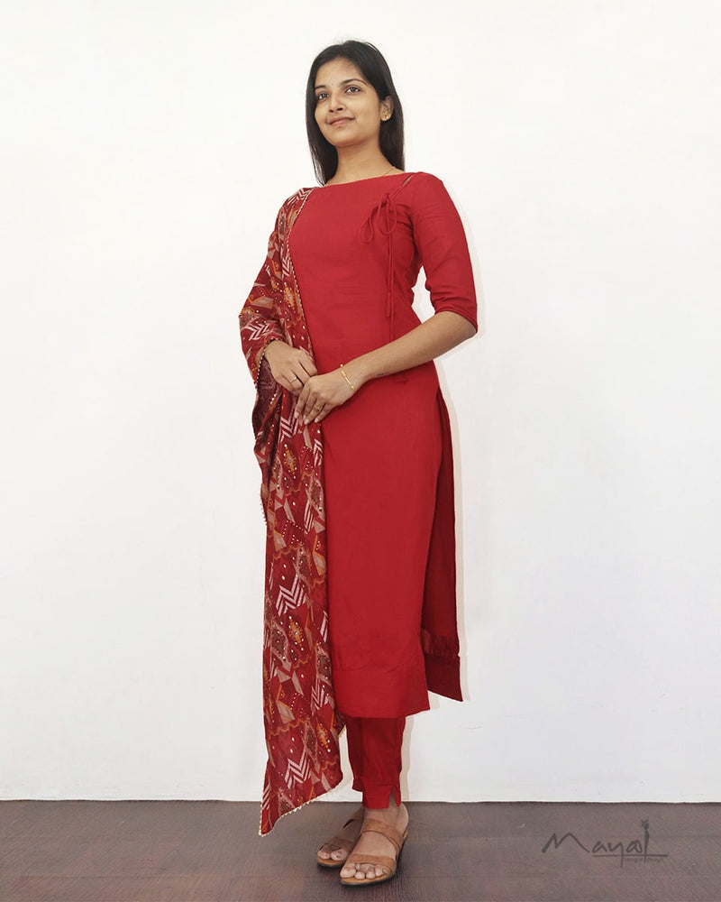 Red Solid Silk Cotton Kurta