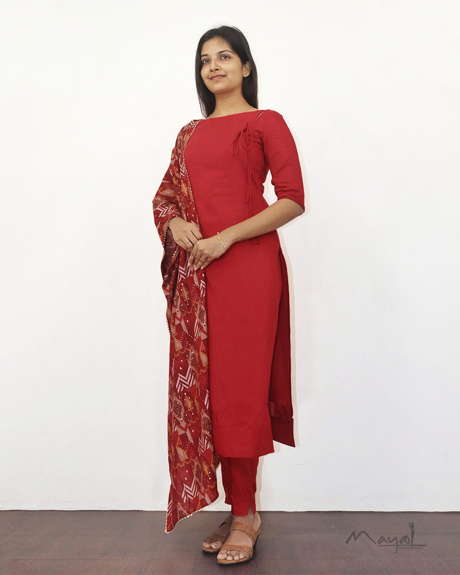 Red Solid Silk Cotton Kurta