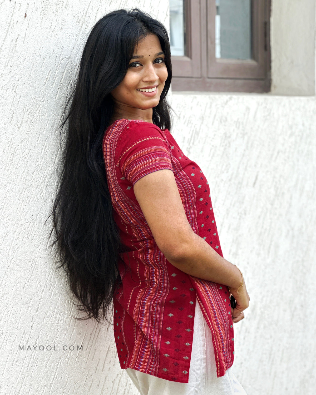 Red Stripe Multicolour Cotton Short Kurta