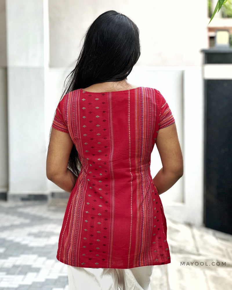 Red Stripe Multicolour Cotton Short Kurta