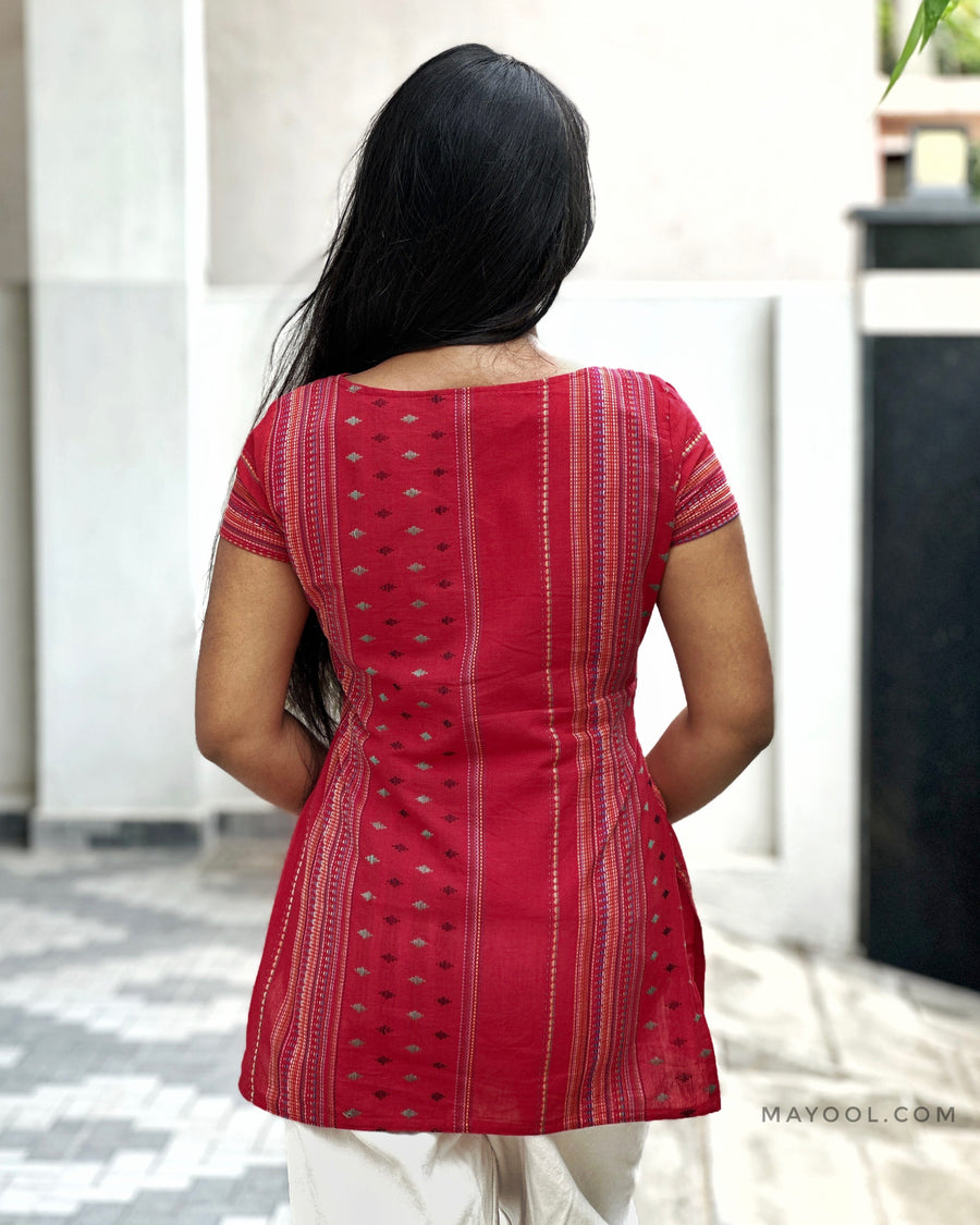 Red Stripe Multicolour Cotton Short Kurta